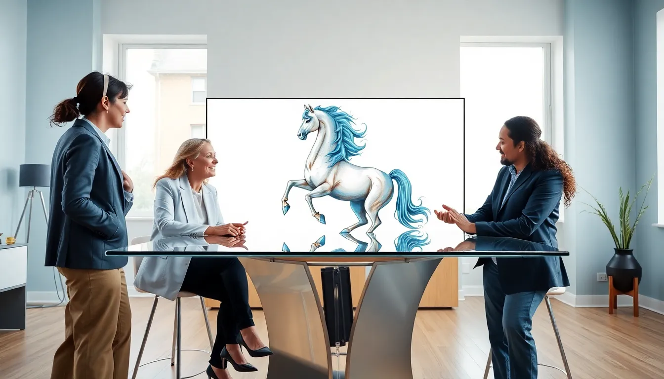 Professionals collaborating on halfhorsedre artwork in a modern studio.